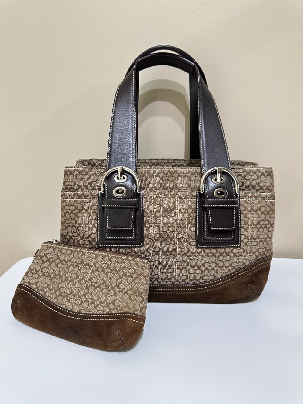 Vintage Coach Tan Signature Canvas & Brown Suede Shoulder Bag & Wristlet Set Y2K